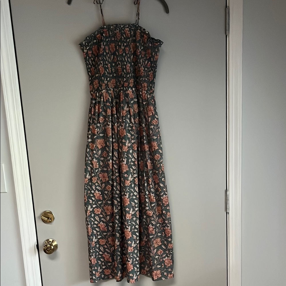 Floral Strapless (with spaghetti, straps) Midi  Dress - olive and Pink